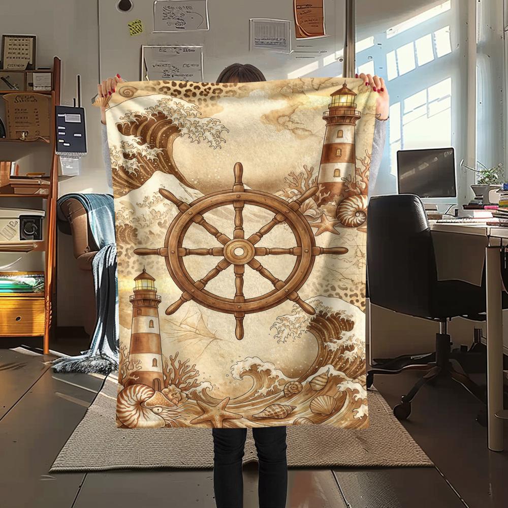 1PC Ships and Lighthouses Print FlAannel Blanket, High Quality Comfortable for All Seasons, Home Decor, Warmth and Comfort