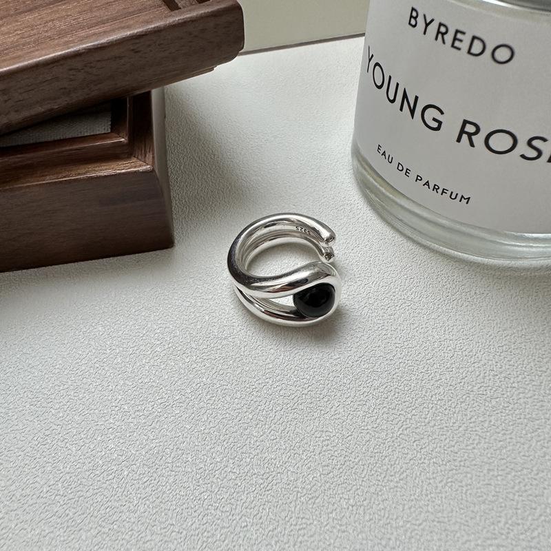 S925 Silver Korean Aventurine and Black Agate Statement Ring