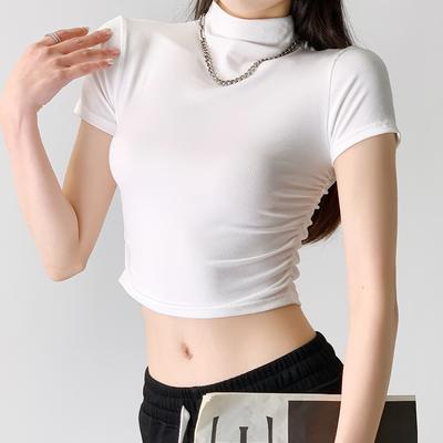 Dopaminové základní tričko pro ženy s polovičním rolákem Jaro a léto Odhalující pupík Krátký rukáv Sexy úzký krátký top