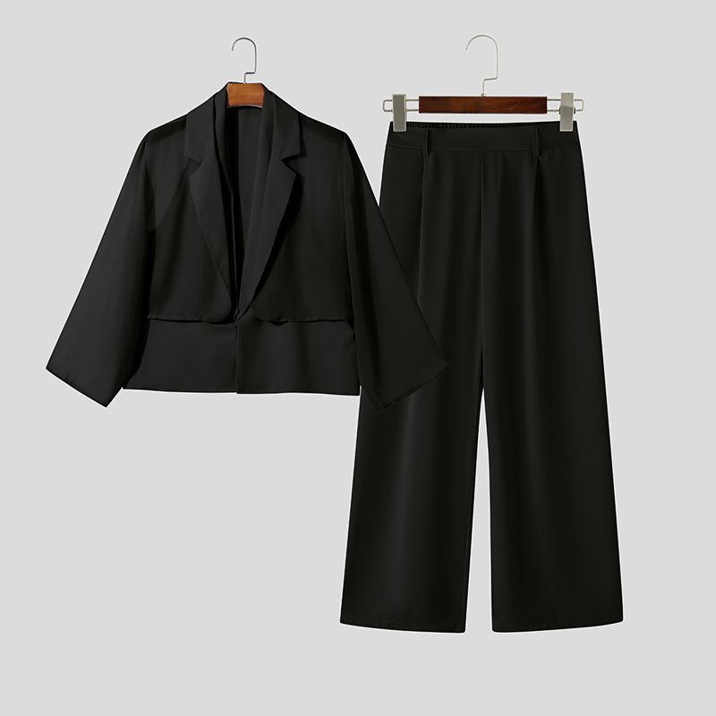 INCERUN Men Sets 3/4 Sleeve Mesh Sheer Layers Tops and Long Pants Casual Suits