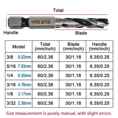 6pc High Speed Steel Hexagonal Shank Integrated Twist Drill British System Woodworking Drill Two Edge and Two Slot Drilling Tool