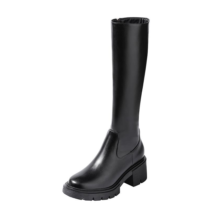 Rindsleder-Version~ Neue lange Stiefel für Damen, kleine Plateausohle, erhöhend, Seitenreißverschluss, Samt-High-Boots, dicke Absatz-Ritterstiefel für Damen