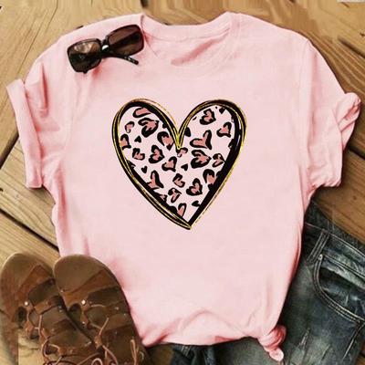 (Asian Size)Tee Top Leopard Love Heart Trend Cute Clothing Casual Short Sleeve Women Print Lady Fashion T Shirt Female Graphic T-shirt