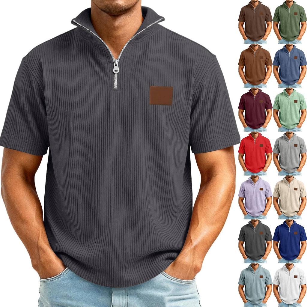 Men's 1/4 Zip Corduroy Short Sleeve Top | Loose Fit Fashion Casual Pullover For Daily Wear
