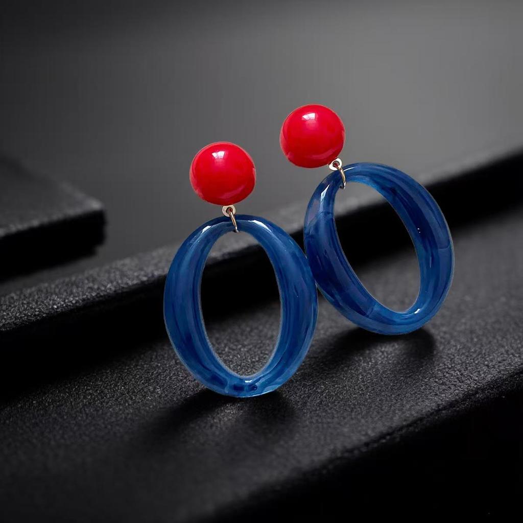 Red & Blue Circle Earrings: High-Class Hong Kong Retro Studs - Unique & Exaggerated Design
