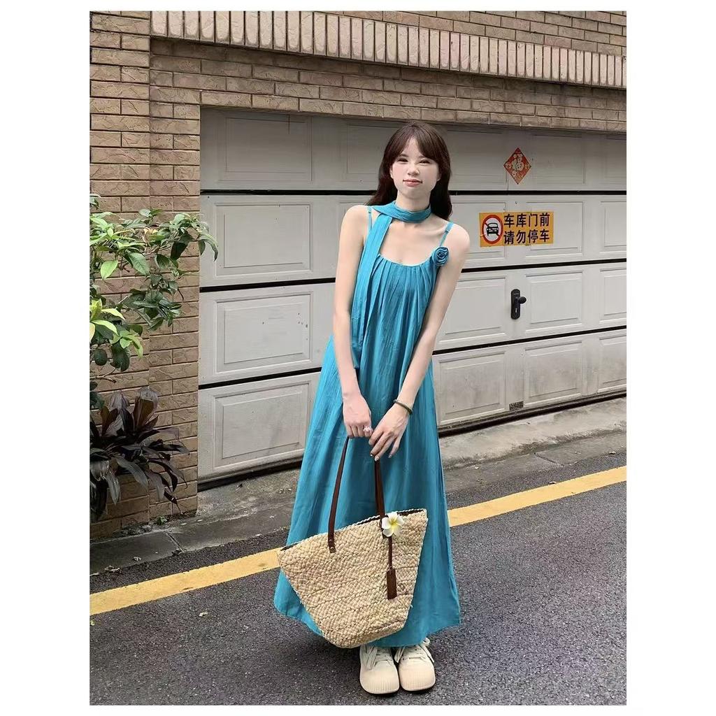New Summer Literary Seaside Vacation Wind White Three-dimensional Flower Straps Suspender Long Dress Dress