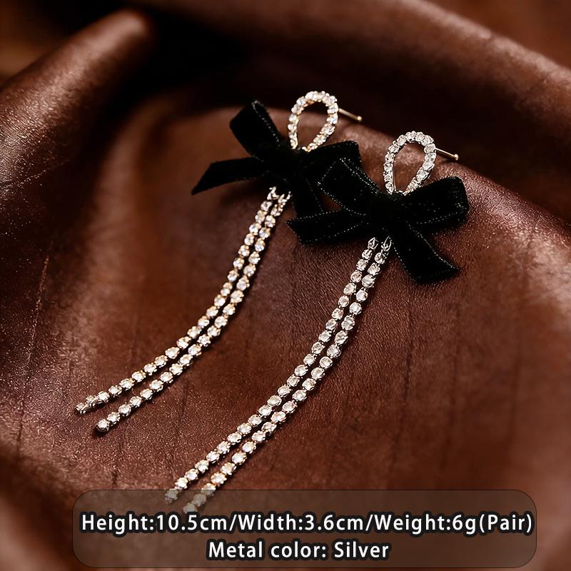 2026 New Design Black Velvet Butterfly Bow Rhinestone Tassel Long Earrings Women s Vintage Fashion Jewelry Party Trend Accessory серебряный
