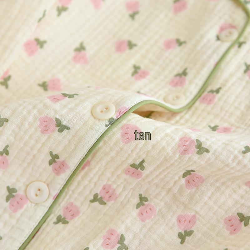 Women's Floral Crepe Pajama Set - Long Sleeve, Turn-Down Collar, Double Layer Gauze, Spring/Autumn Sleepwear