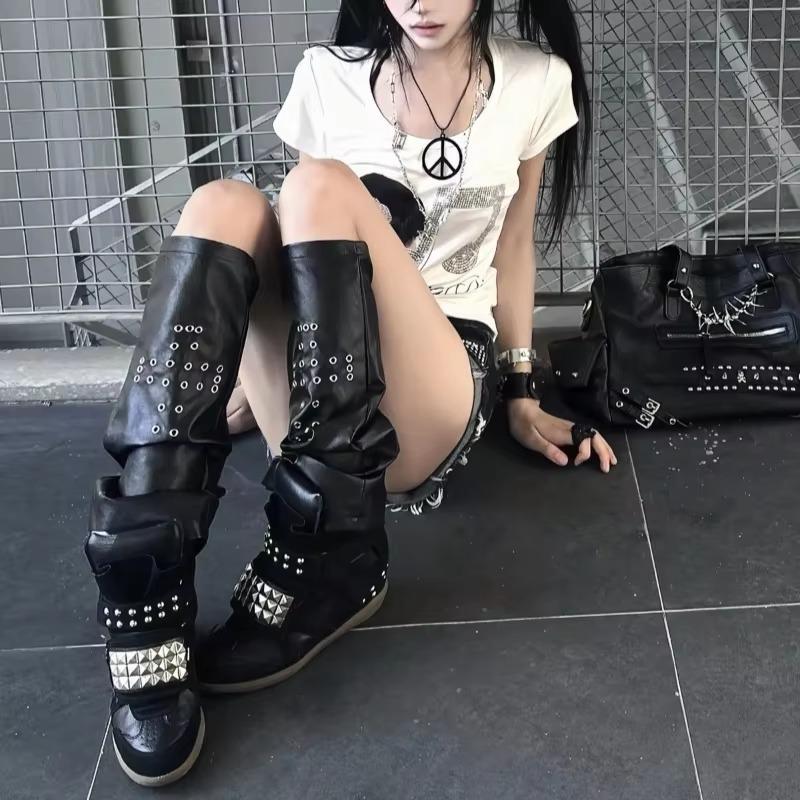 Women's High Hidden Sneakers Height‑Increase Studded Magic Tape Thick Sole Retro Punk Casual Shoes