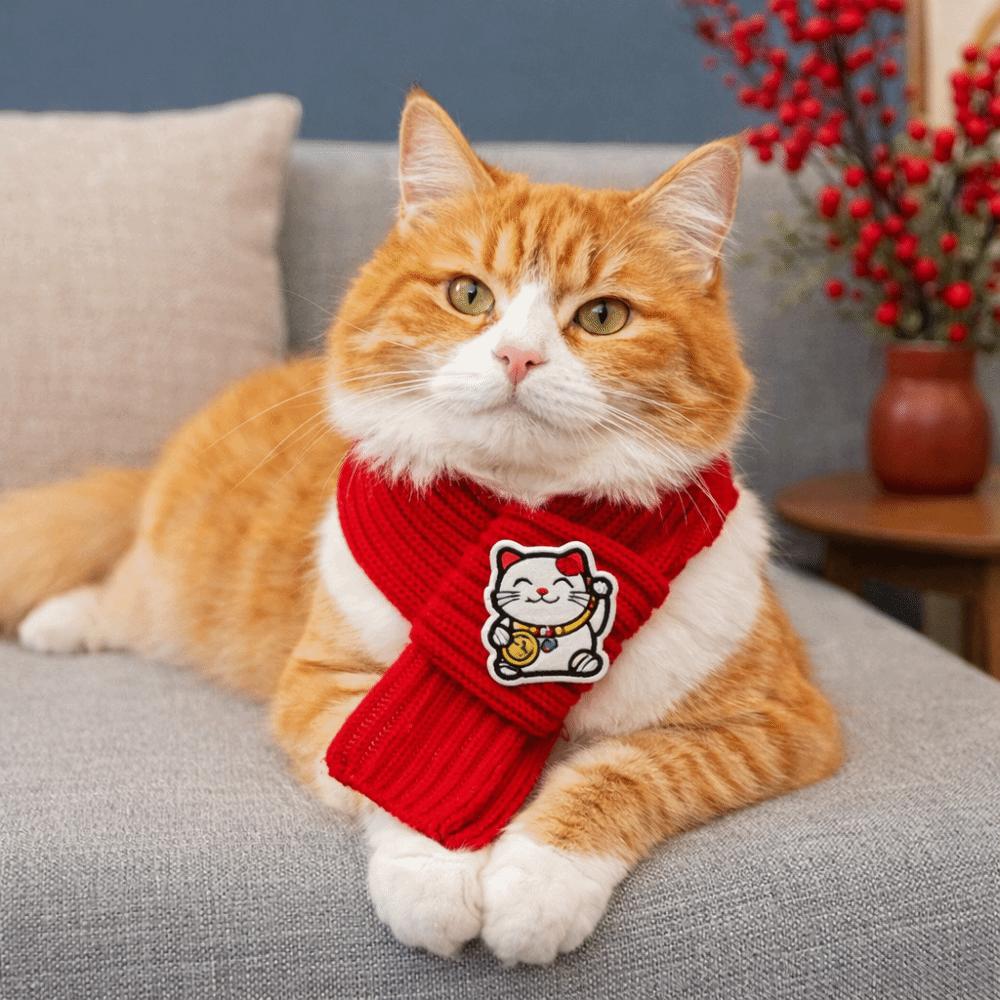 Adorable Red Color Knitted Cat Scarf Warm Embroidered Pet Neck Scarf Festive Blessing Fortune Dog Scarf Holiday Events