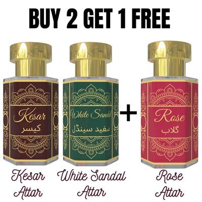 Kesar Attar a White Sandal Attar s dárkovým Rose Attarem – Teplá kořeněná, jemně dřevitá a klasická květinová kombinace vůní | 3 x 6 ml