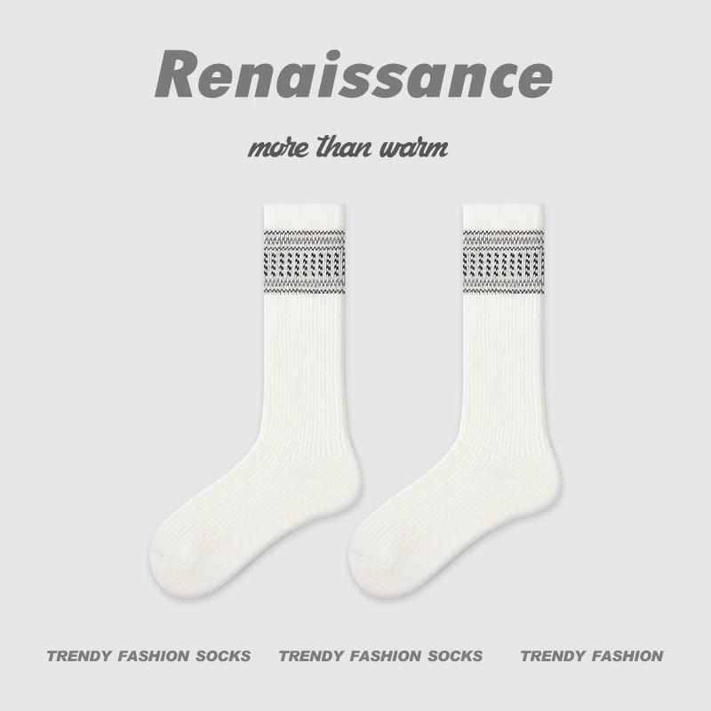 Renaissance Women's Blue-Gray Color Block Mid-Calf Socks - Autumn Winter, Bone-Free, Simple Style
