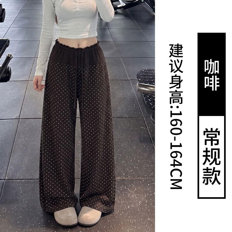 Womens High Waist Polka Dot Loose Casual Drawstring Wide Leg Pants