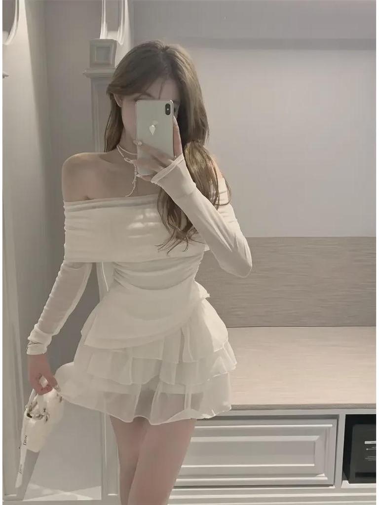 French Sweet & Spicy One-Shoulder T-Shirt and Cake Skirt Two-Piece for Women