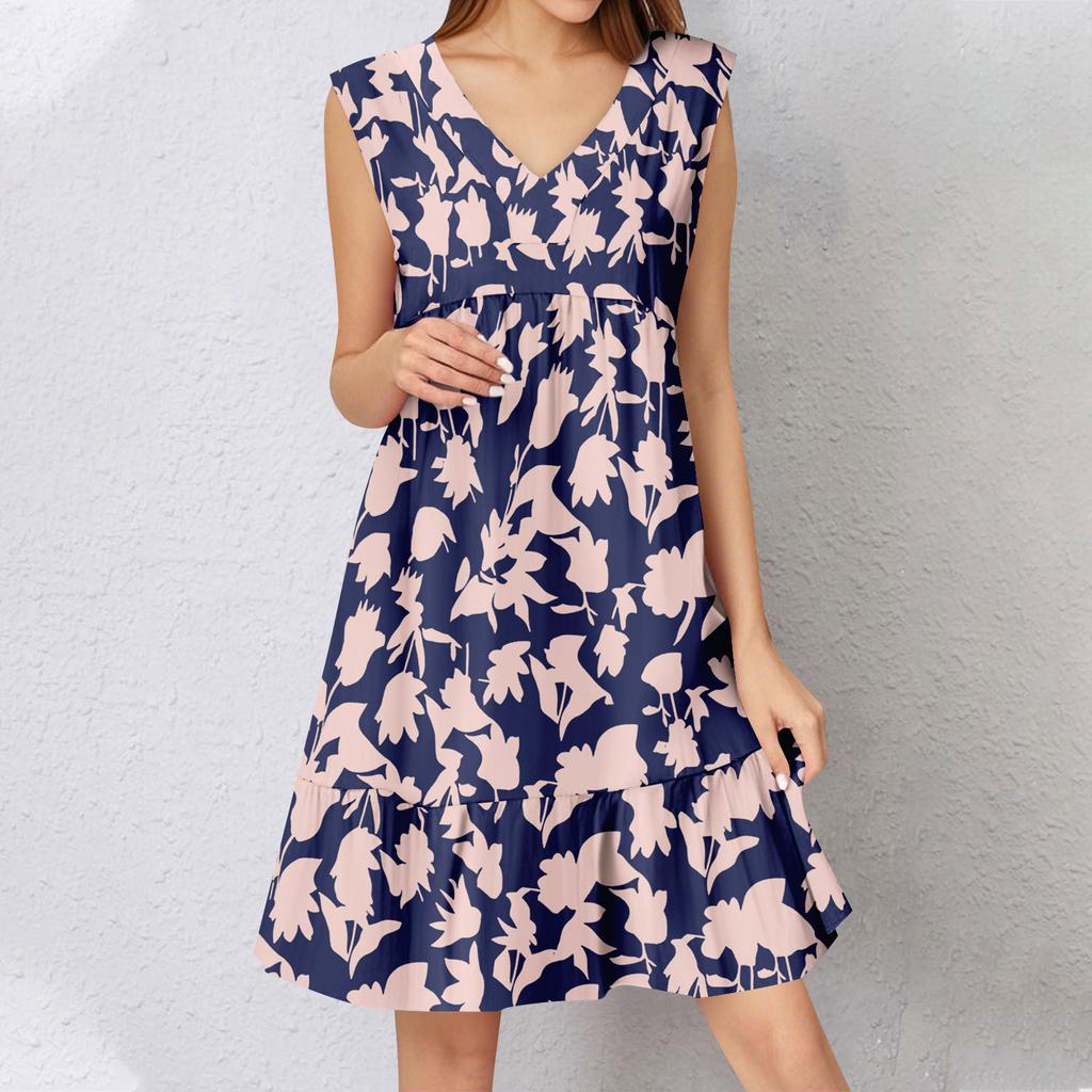Abito Estivo da Donna Senza Maniche Scollo a V Stampa Abiti Corti Moda Casual Fluido Boho Volant A Linea Svasato Prendisole
