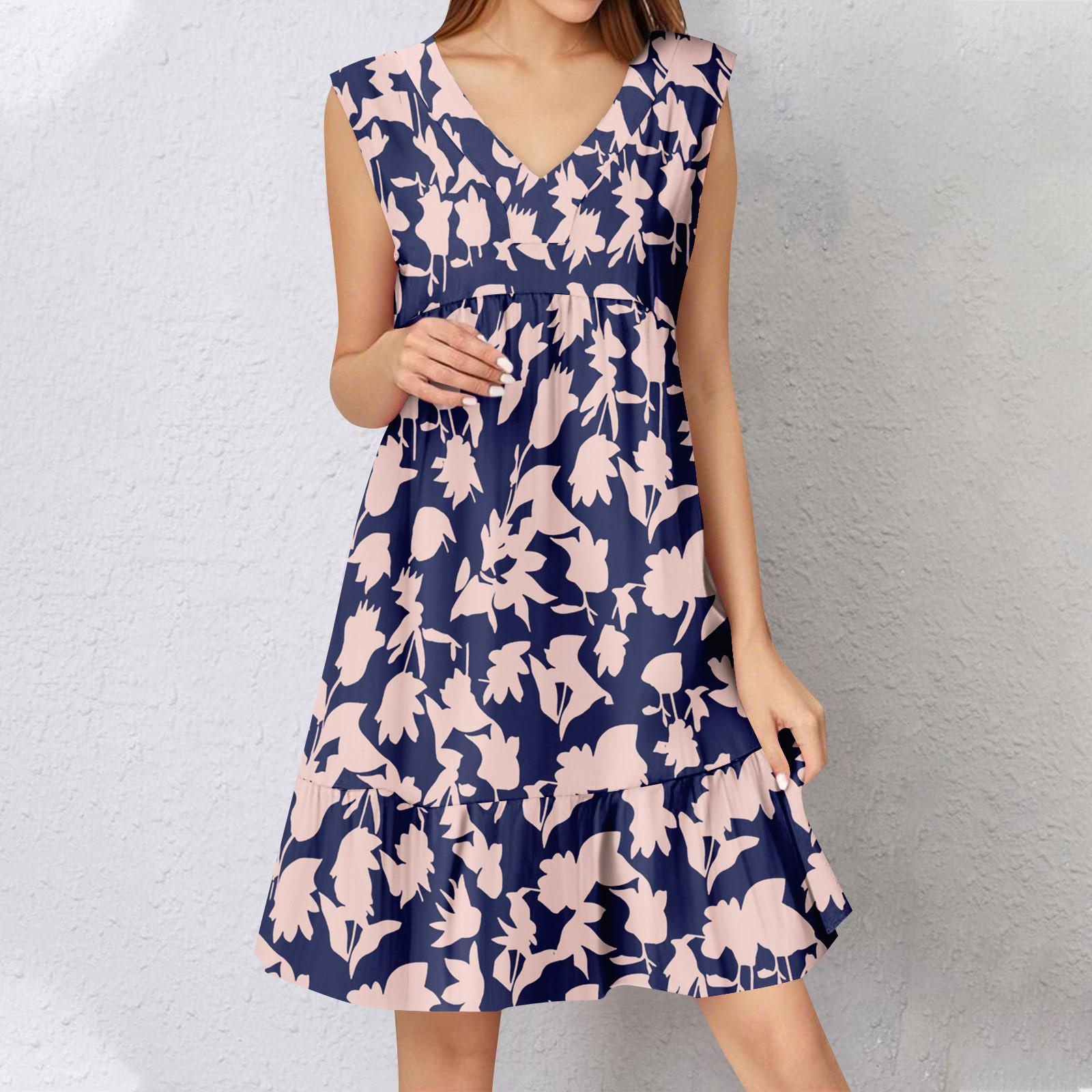 

Женское летнее платье без рукавов с V-образным вырезом и принтом, короткие платья, модное повседневное струящееся бохо-платье с оборками, свободное платье-сарафан S