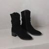 Krazing Pot Cow Suede Nubuck Round Toe Thick Heels Western Boots Size 42 Slip on Women Pleated Decoration Mid-calf Boots