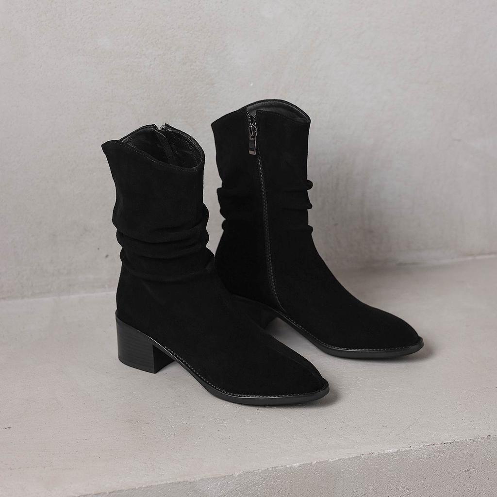 Krazing Pot Cow Suede Nubuck Round Toe Thick Heels Western Boots Size 42 Slip on Women Pleated Decoration Mid-calf Boots