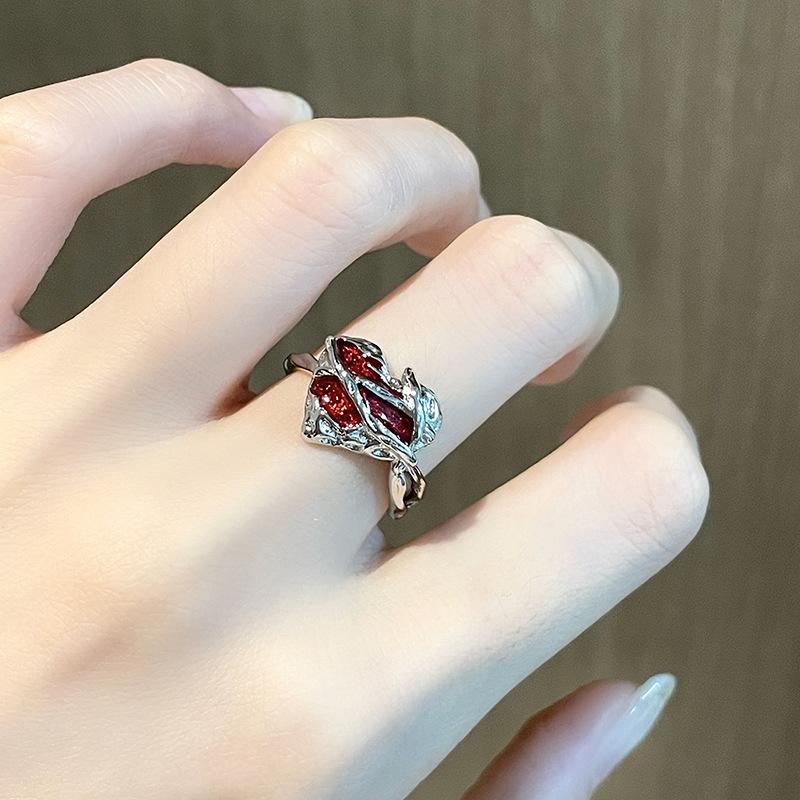 Red Enamel Lucky Original Design Niche Open Ring Love Maple Leaf Personality Retro Stacked Open Ring Women Adjustable opening