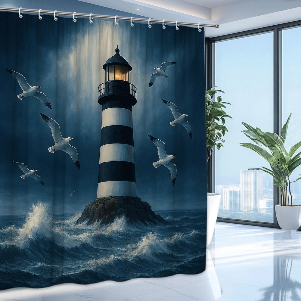 Nautical Lighthouse Shower Curtain Seagulls Ocean Waves Waterproof Polyester Machine Washable with Hooks for Bathroom Decor 90x180
