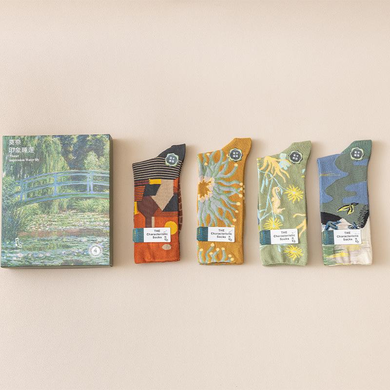 

Носки в подарочной коробке, носки в стиле масляной живописи серии Моне, новые французские легкие роскошные хлопковые носки Niche, носки Zhuji One Size