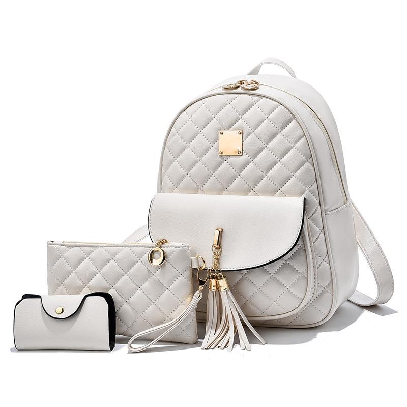 3pcs Argyle Quilted Backpack, Fashi Mini Daypack With Wristlet Clutch Bag And Credit Card Holder