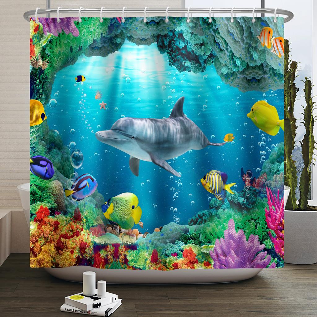 Underwater World Ocean Shower Curtain for Bathroom Seabed Animals Sea Turtle Dolphin Fish Waterproof Bathroom Curtain With Hooks