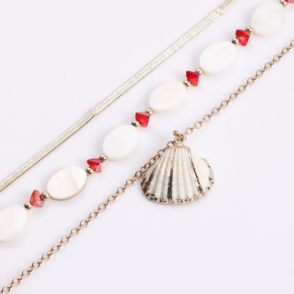 Ocean Wind Shell Multi-layer Stacked Necklace, Retro Vacation Oval Fritillary Beaded Necklace