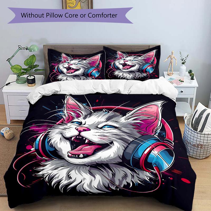 

3pcs Rockin Rave Kitty Quilt Cover Set - Soft & Comfortable Polyester Fabric, All-Season Breathable Comforter Set For 1 Quilt Cover & 2 Pillowcases 135x200cm