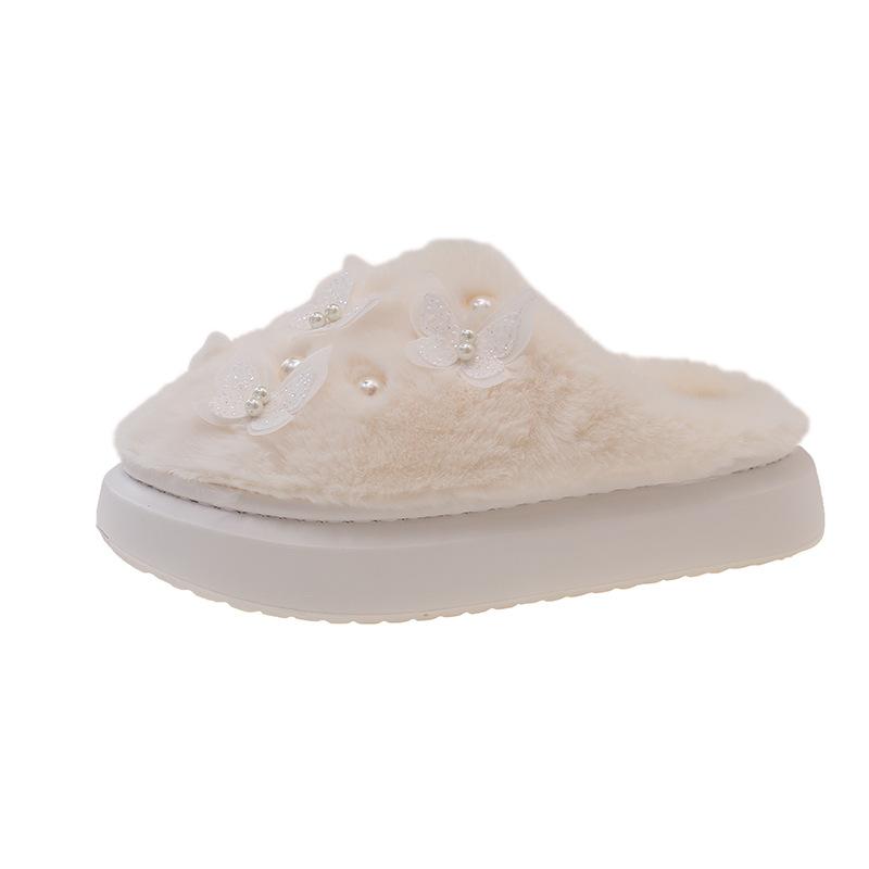 Fashion Cute Butterfly Decor Fluffy Slippers for Women Winter Thickened Warm Plush House Shoes Woman Thick Sole Pearl Indoor Slippers
