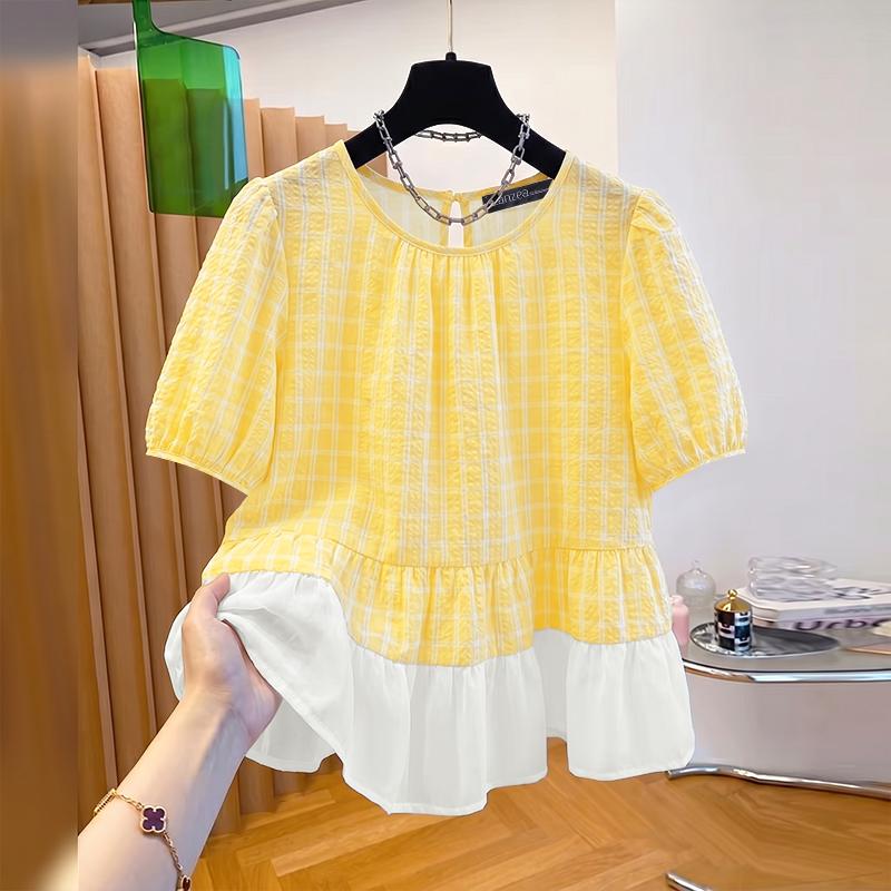 ZANZEA Women Plaid Print Casual Round Neck Half Sleeve Splice Blouse
