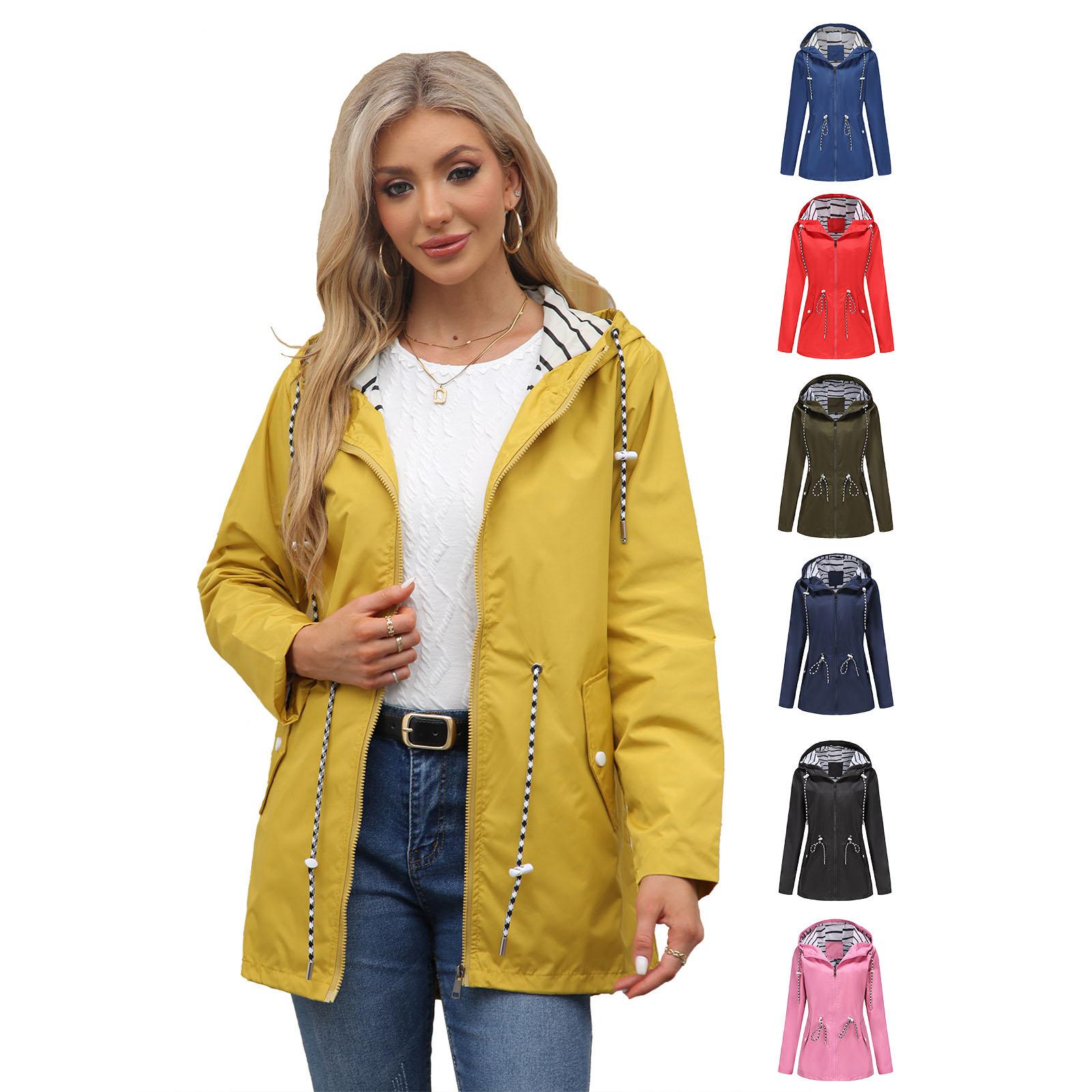 

Red Waterproof Hooded Jacket, Women Fashion Casual Coat, Waist Drawstring Tie Zipper Switch Blue Green Yellow Black Windbreaker XS чорний
