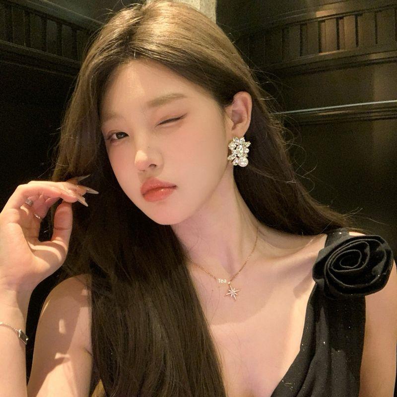 

Gold Zircon Pearl Earrings for Women Elegant Stud Earrings Sterling Silver Needle Accessible Luxury Fancy Large Size Ear Clip Earrings Eardrops Silver Needle-Oval