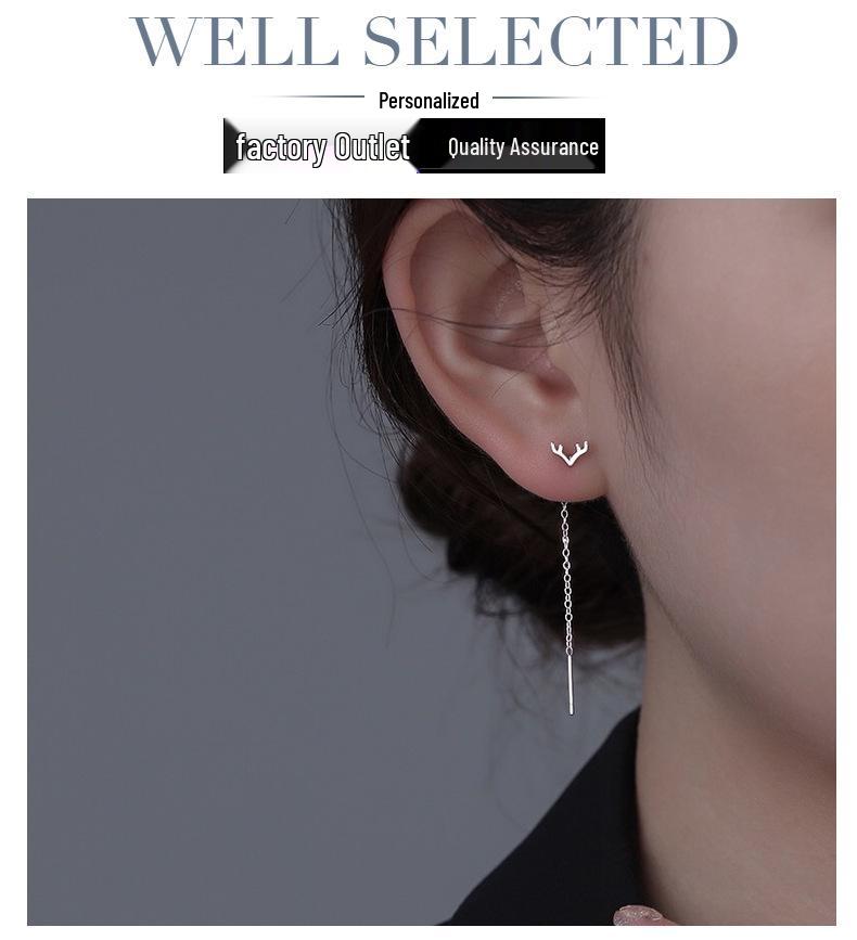 Women's S925 Sterling Silver Reindeer Antler Stud Earrings - Light Luxury, Simple Niche Style for Christmas