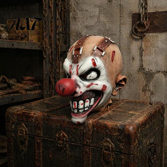 Horror Robber Cosplay Props Halloween Clown Mask, Realistic Latex Scary Mask with Blood Stained Scarred Red Nose for Haunted House Parties Costume