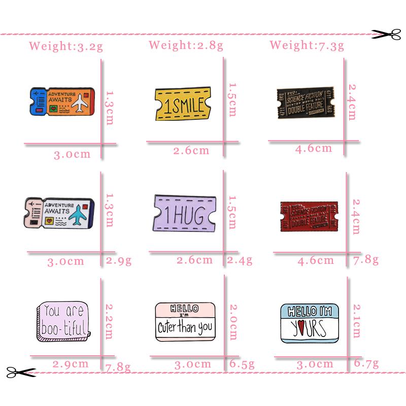 Cartoon Travel Airline Tickets Brooches Love Tag Notes Enamel Pins Movie Tickets Badge Shirt Backpack Hat Lapel Pin Jewelry Gift