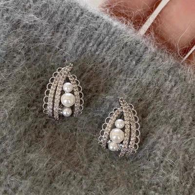 Unique Lace Pearl Stud Earrings Women, Temperament Light Luxury Fashion Versatile Earrings Earrings