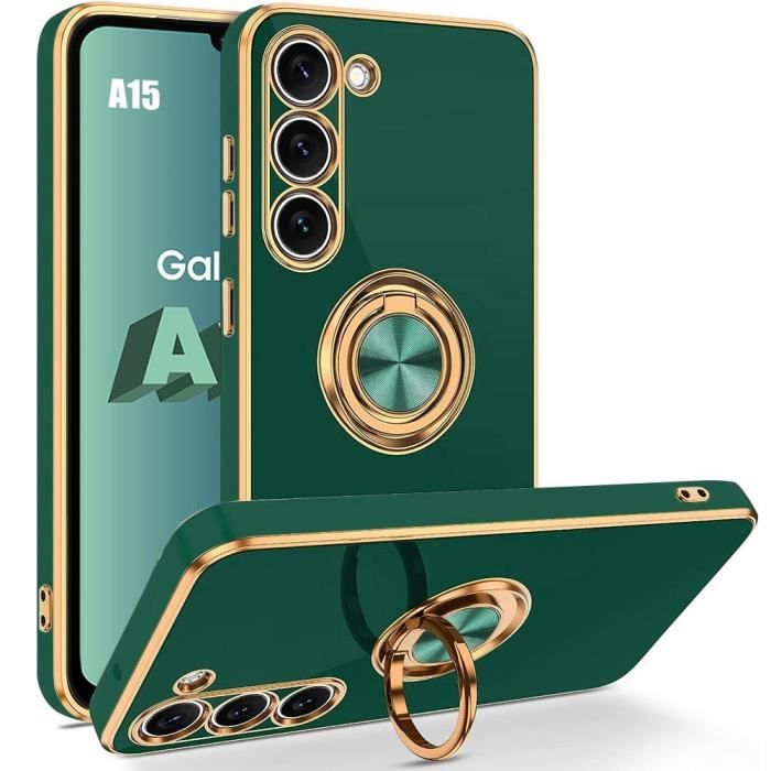 Coque - Samsung - Galaxy A15 4G/5G - Silicone Liquide - Support à Anneau 360° - Antichoc - Vert Nuit