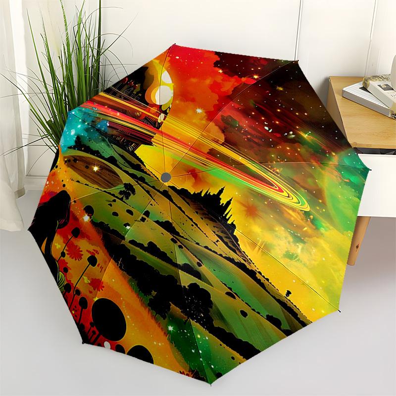 1pc Colorful Fantasy Automatic Opening/Closing Umbrella with Mushroom Print, Portable Folding Design, Iron Frame Outdoor Umbrella for Fans, Travelers,