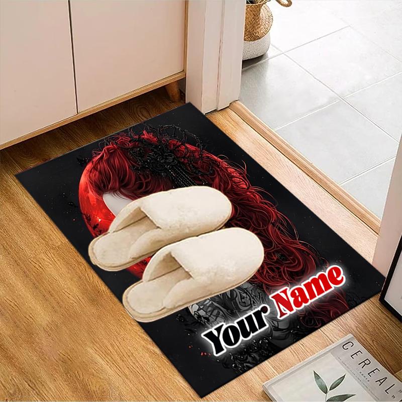 1PC Custom Name Gothic Red Hair Beauty Theme Floor Mat Ideal for Living Room, Game Rooms, Office, Bedroom,Floor Mat Playful Design1