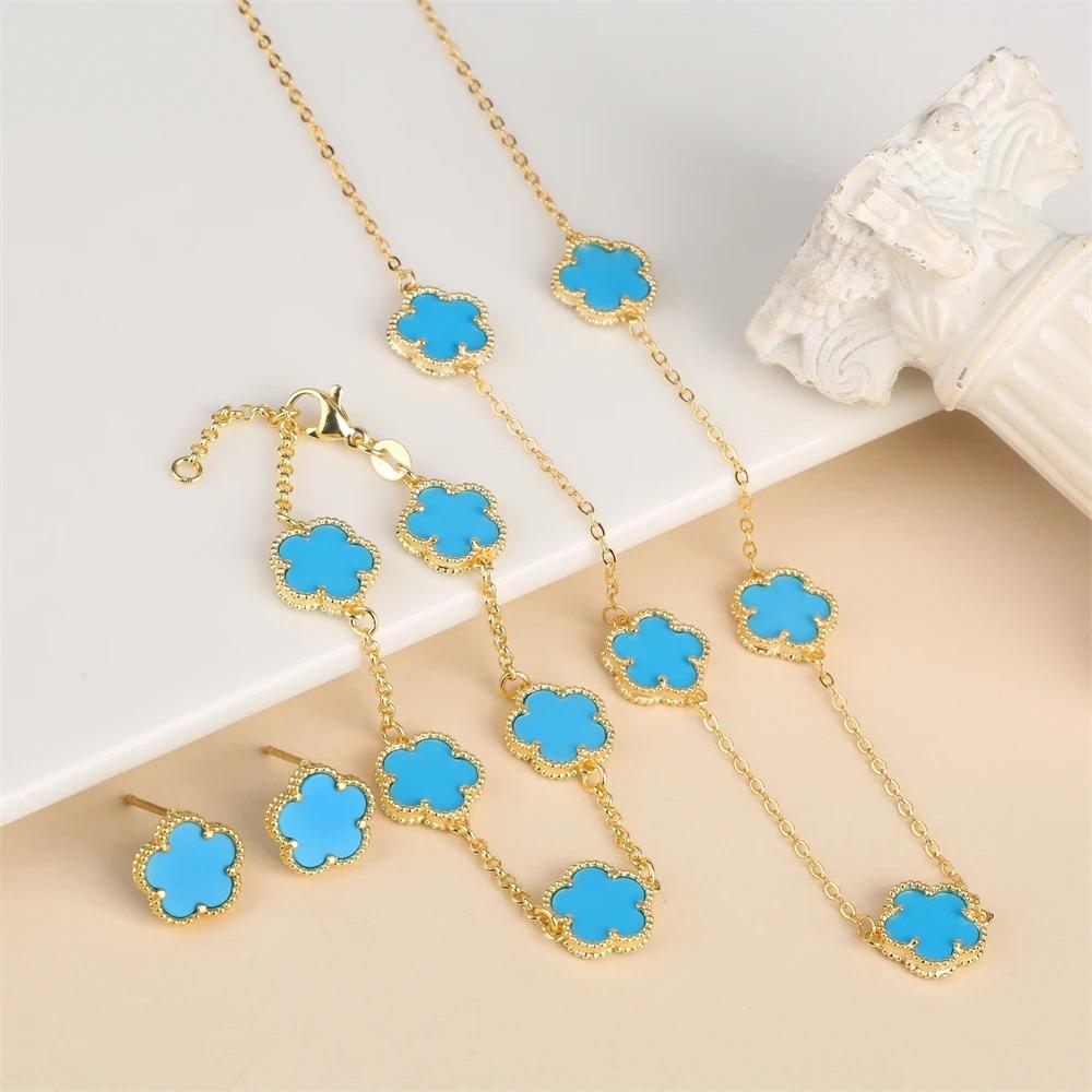 2024 Hot Sale 10 Colors Five-Leaf Flower Set Bracelet Necklace Classic Simple Women Zircon Set Suitable For Daily Party Wear