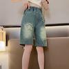 Retro Five Point Denim Shorts Loose and Tight Mid Waist Wide Legs Summer Thin Style Slimming and Loose Pants for Wearing Outside