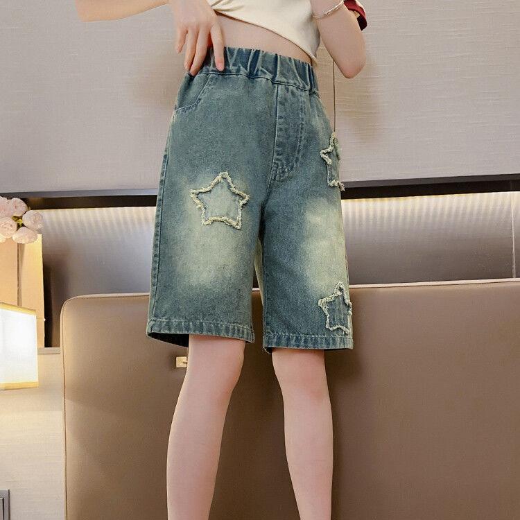 Retro Five Point Denim Shorts Loose and Tight Mid Waist Wide Legs Summer Thin Style Slimming and Loose Pants for Wearing Outside