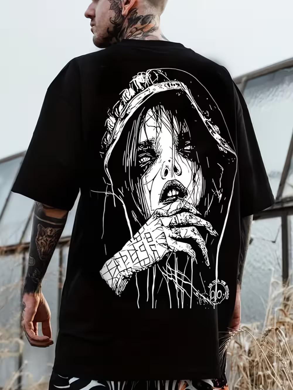 

Gothic Retro T-Shirt with Smoker & Tattooed Hand Graphic - Streetwear Casual Round Neck Tee XXXL