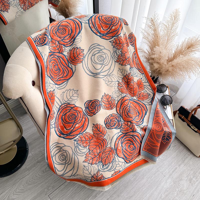 Rose Thickened Imitation Cashmere Scarf Women'S Warm Air Conditioner Shawl Outer Scarf Dual-Purpose