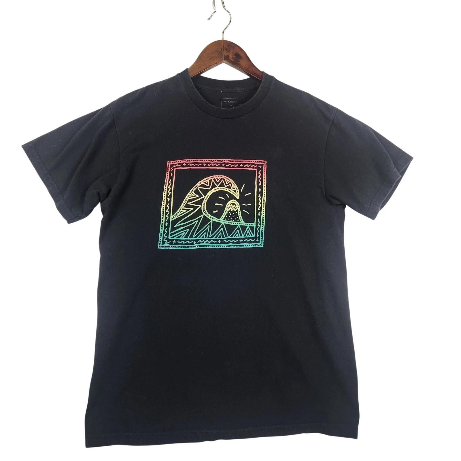 VTG Quiksilver Mens 100% Cotton T-shirt Mens Tees Top M Black Rainbow Wave Mountain Logo Graphic Print 3XL
