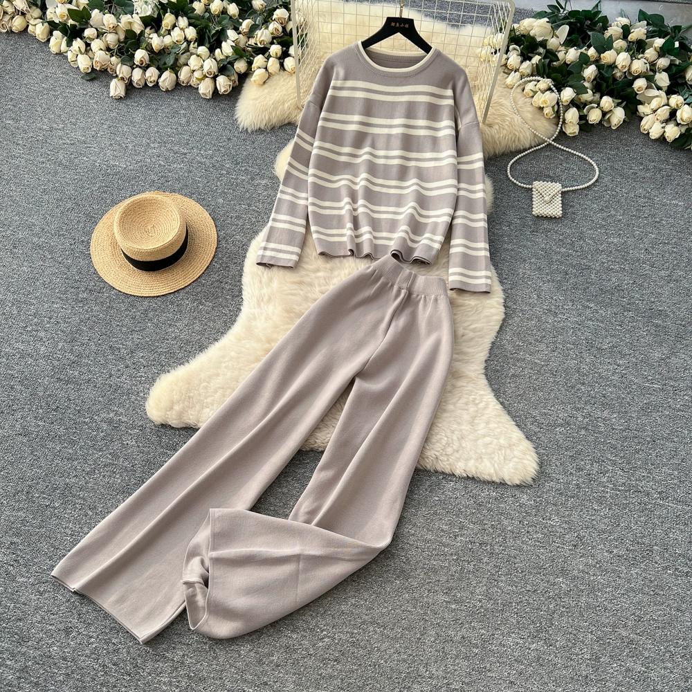 Autumn Winter Women Casual Striped Knitted Sweater Trouser Two Piece Set Full Sleeve Pullover Tops and Wide Leg Pant Tracksuit