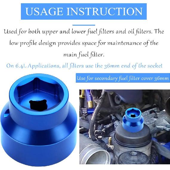 Oil Filter Socket 24mm / 36mm Reversible Fuel Filter Cap Remover and taller Assistant Compatible with 6.0L / 6.4L Ford Powerstroke Diesel