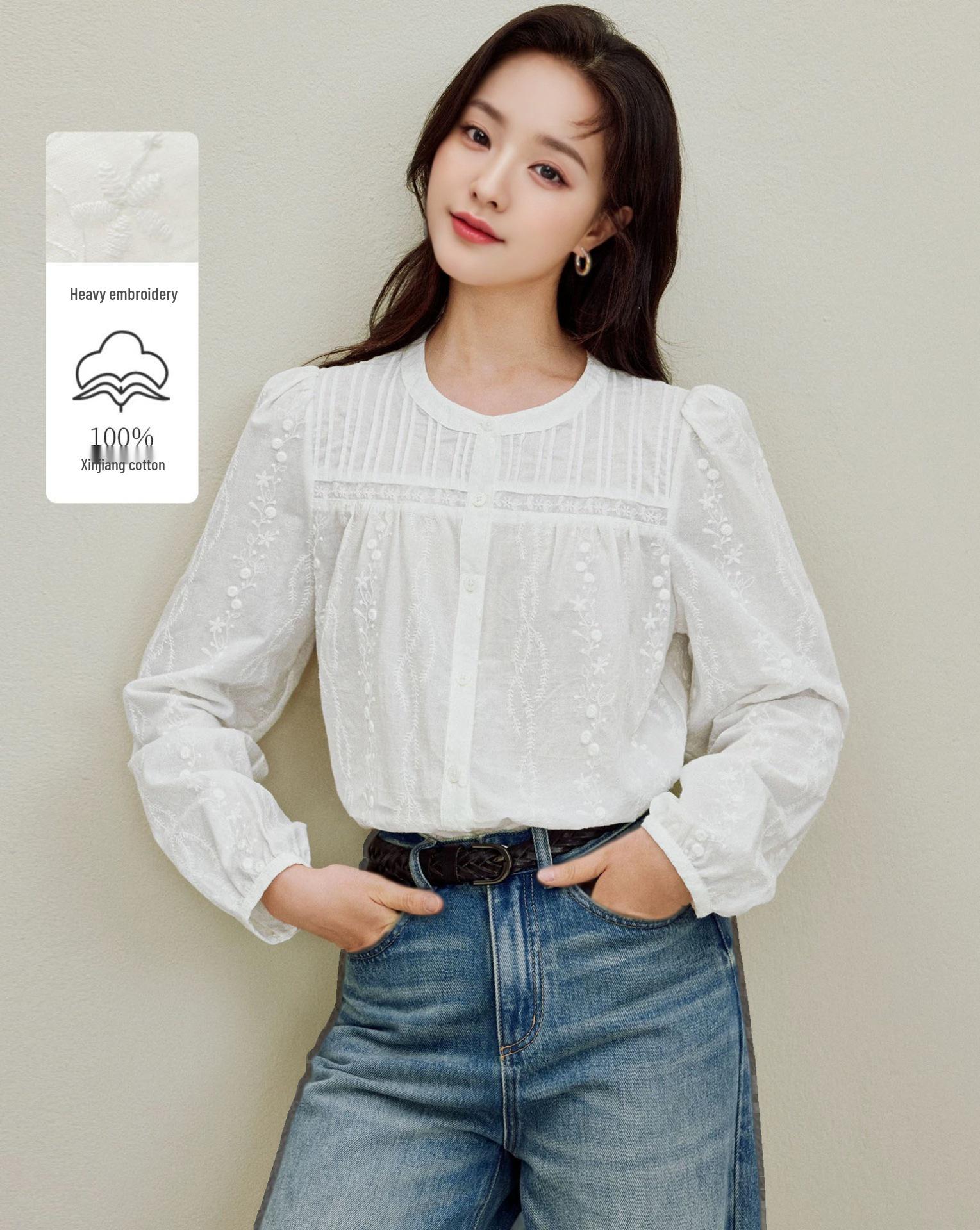 Yinjia Women s Slim Fit White Cotton Pleated Shirt - Autumn 2025 Collection Medium