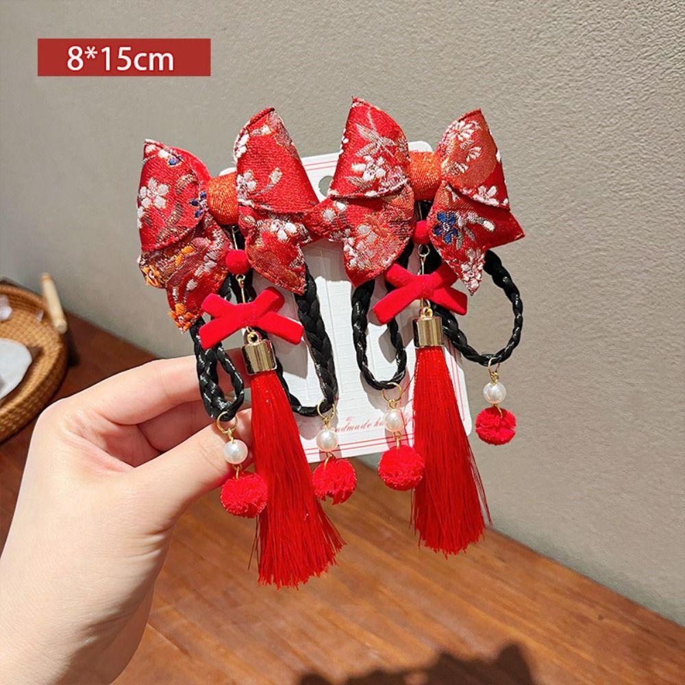 2pcs Chinese Style Children Red Hairclip Tassel Bow Wig Braid Hairpin Princess New Year Headwear